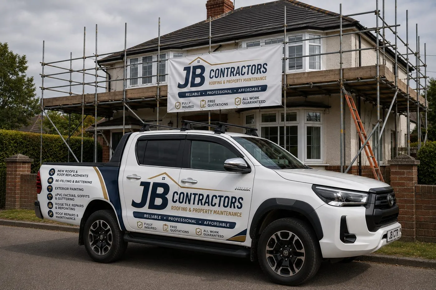 St Stephen in Brannel Roofing pickup truck on site at a scaffolded roofing job in St Stephen in Brannel