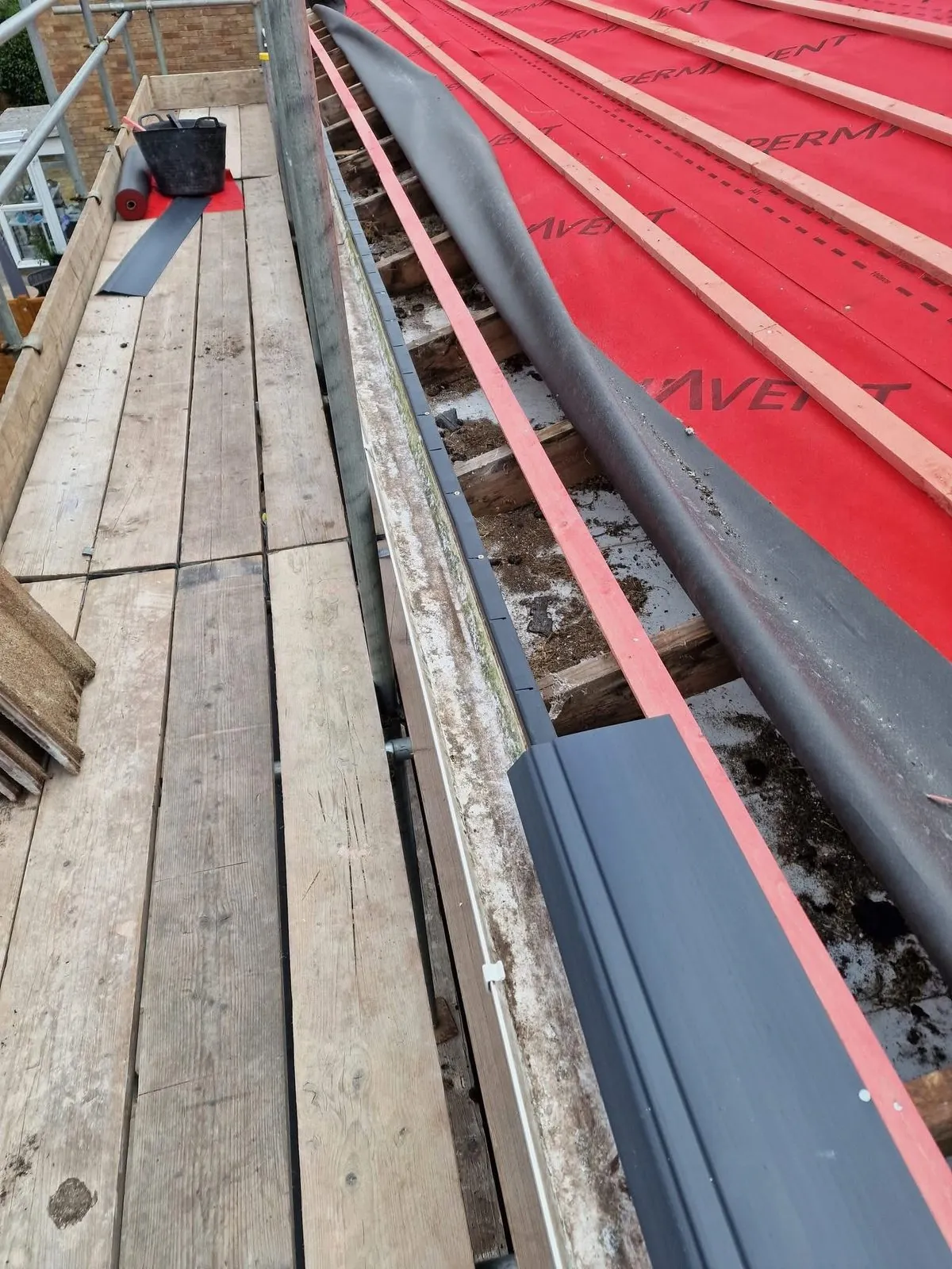 Breathable membrane and battens fitted during a re-roof in St Stephen in Brannel